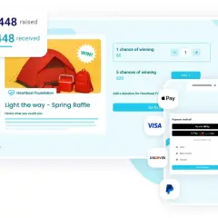 A raffle app interface shows a "Light the way - Spring Raffle" with camping gear as prizes. Users can select chances to win and pay via various methods.