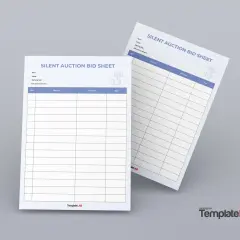 Two blank silent auction bid sheet templates are shown. One is angled, the other flat.