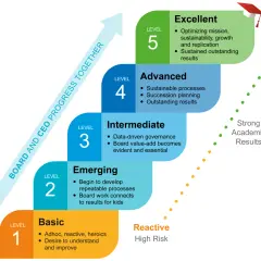A visual representation of board evaluation tools, showing 5 levels of progress from Basic to Excellent, with descriptions and associated risks.