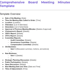 A comprehensive board meeting minutes template outlines key sections like date, attendees, reports, old/new business, and discussion points for effective meeting documentation.