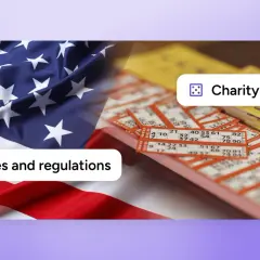 American flag and bingo cards, with text "Rules and regulations" and "Charity raffle".