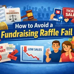 Illustration showing elements of a failed raffle fundraiser: a raffle drum, legal documents, a gavel, low sales graph, over budget papers, and a worried couple.