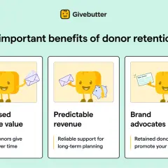 Givebutter's infographic highlights 3 benefits of donor retention for nonprofits: increased lifetime value, predictable revenue, and brand advocates.