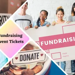 Collage of images showing people participating in a charity event, a sign that says "CHARITY," a bowl of coins with a "DONATE" sign, and a group holding a "FUNDRAISING" banner. This image represents fundraising event tickets.