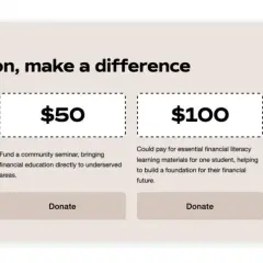 Squarespace donations: options for $20, $50, $100, or custom amounts to fund financial literacy materials or community seminars.