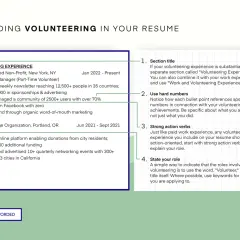 Resume section on "Volunteering Experience" with examples of how to list achievements, emphasizing hard numbers and action verbs.
