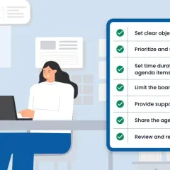 A woman works on a laptop, preparing for an executive board meeting agenda. The agenda lists key steps like setting objectives and sharing materials.