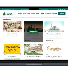 Demo Mosque website showcasing various mosque fundraising campaigns like "Warmth in Winter" and "The Prayer Space Project.