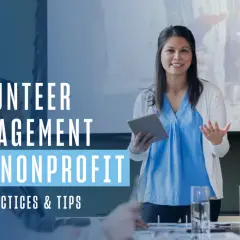 A woman presents volunteer management best practice principles for nonprofits, holding a tablet and gesturing.