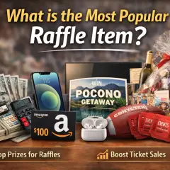 A collection of popular raffle prizes: cash, a smartphone, Amazon gift card, earbuds, a football, tickets, a getaway voucher, and a gift basket.