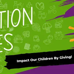 DONATION DRIVES" text with icons of giving and care. A sun icon with a heart and arrow symbolizes impact.