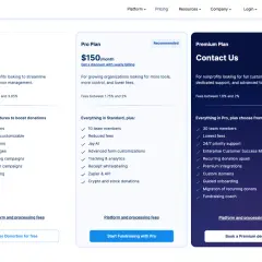Donorbox pricing plans: Free, Pro ($150/month), and Premium. This is a legitimate platform for nonprofits to manage donations.
