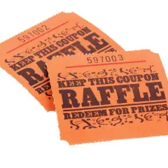 Two orange raffle tickets, numbered 597002 and 597003, with "RAFFLE" and "REDEEM FOR PRIZES" printed on them. These could be used for a fundraiser, but check Arizona raffle laws first.
