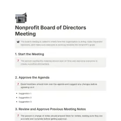 A nonprofit board meeting agenda template outlines key discussion points like starting the meeting, approving the agenda, and reviewing previous notes.
