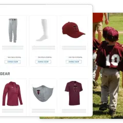 Young baseball players in maroon uniforms, perfect for youth football fundraising ideas. The screen shows uniform options like jerseys, pants, and caps.