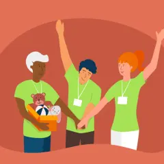Three diverse volunteers in green shirts with lanyards, one holding a box of toys, show how to get volunteers for a nonprofit.
