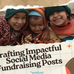 Three smiling children in warm hats and sweaters, with text about crafting impactful social media fundraising posts.