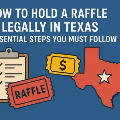 Illustration showing how to hold a raffle legally in Texas. Includes a checklist, raffle tickets, and a map of Texas.
