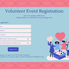 Volunteer website design for event registration. A form asks for name, email, phone, availability, and role preference. Illustrated volunteers hold a heart, piggy bank, and plant.