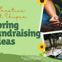 23 Creative and Unique Spring Fundraising Ideas. Image shows hands planting a seedling and a picnic setup.