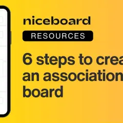 A phone screen shows job search filters for board member jobs. The text "6 steps to creating an association job board" is prominent.