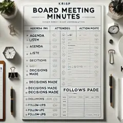 A desk setup for a board meeting, featuring a laptop, coffee, and a document titled "Board Meeting Minutes" with agenda items and action points.