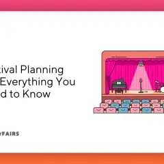 Guide to festival planning: a stage with a piano, microphone, and drums, and rows of cute audience seats. Learn how to start a festival!