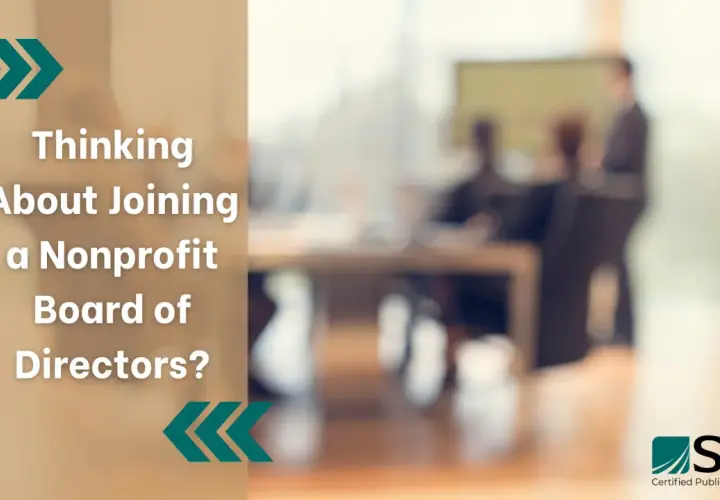 Considering serving on board of directors? This image shows a blurred background of people in a meeting, with text asking "Thinking About Joining a Nonprofit Board of Directors?".