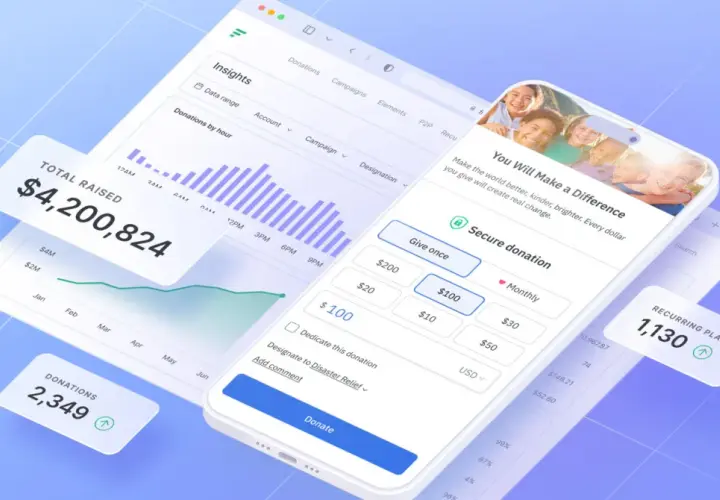 A digital interface showing a successful vertical raise fundraising campaign with $4.2M total raised and 2,349 donations.