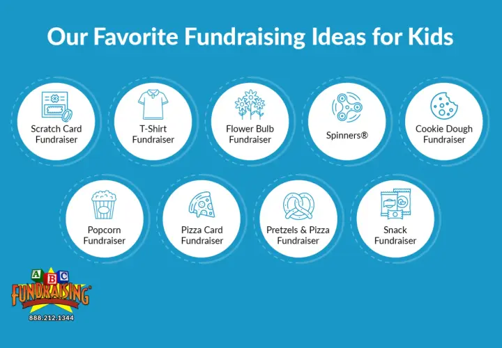 Discover free fundraising ideas for kids: scratch cards, t-shirts, flower bulbs, spinners, cookie dough, popcorn, pizza, pretzels, and snacks.