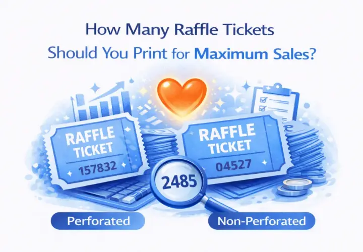Illustration about maximizing sales for fundraising raffles, showing perforated and non-perforated tickets, a calculator, and coins.