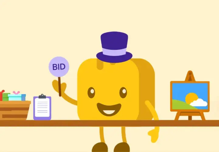 A cheerful yellow character in a top hat holds a "BID" sign, ready for the 32 auction. Gifts and a painting are displayed.