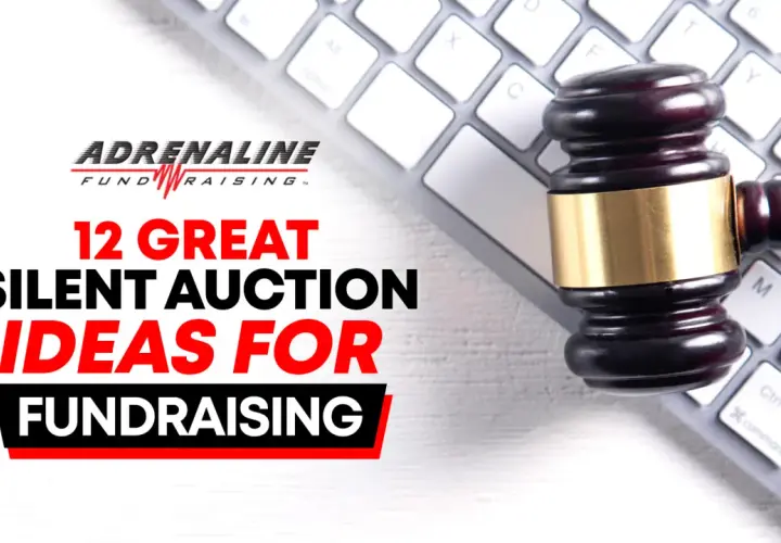 Gavel on a keyboard, with text "12 Great Silent Auction Ideas for Fundraising.