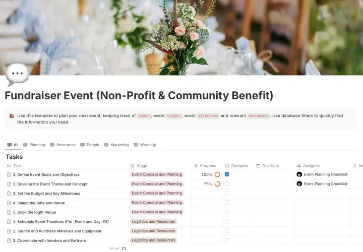 Nonprofit gala template for planning a fundraiser, tracking tasks, budget, and attendees.