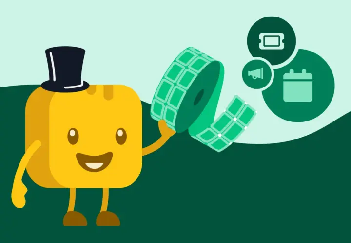 A cheerful yellow character in a top hat holds a roll of tickets, ready for a reverse raffle event. Icons for a ticket, megaphone, and calendar are nearby.