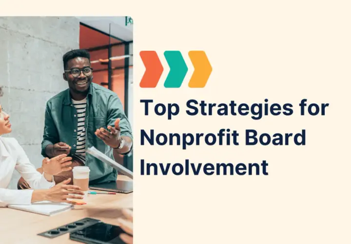 Diverse team discussing strategies for nonprofit board engagement. Text overlay: "Top Strategies for Nonprofit Board Involvement.