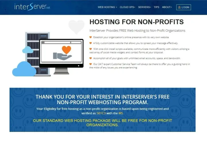 InterServer offers free website hosting for nonprofits, featuring a customizable site, one-click scripts, and unlimited resources.
