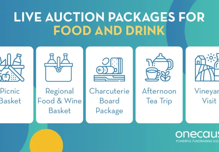 Live auction packages for food and drink: picnic basket, regional food & wine basket, charcuterie board, afternoon tea trip, and vineyard visit.