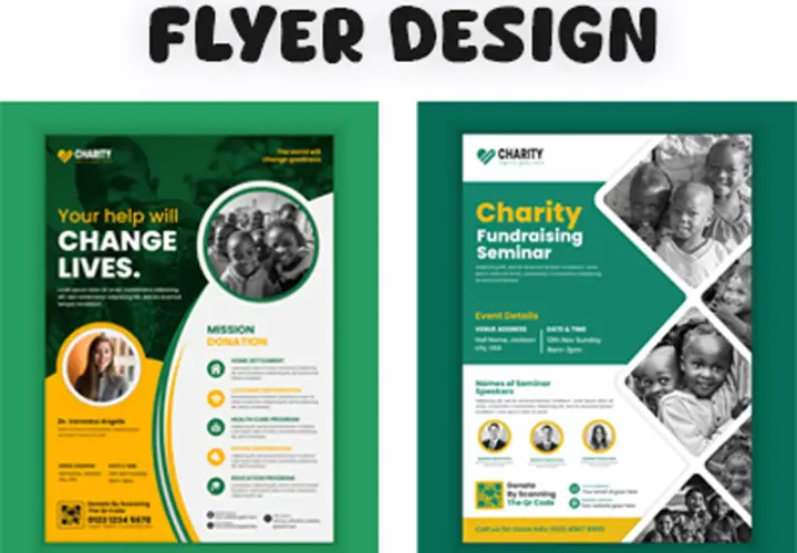 Two charity fundraiser flyer designs featuring children's faces and calls to action for donations and seminars.
