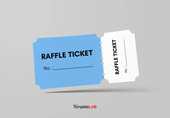 Two raffle ticket templates, one blue and one white, are shown against a light gray background.