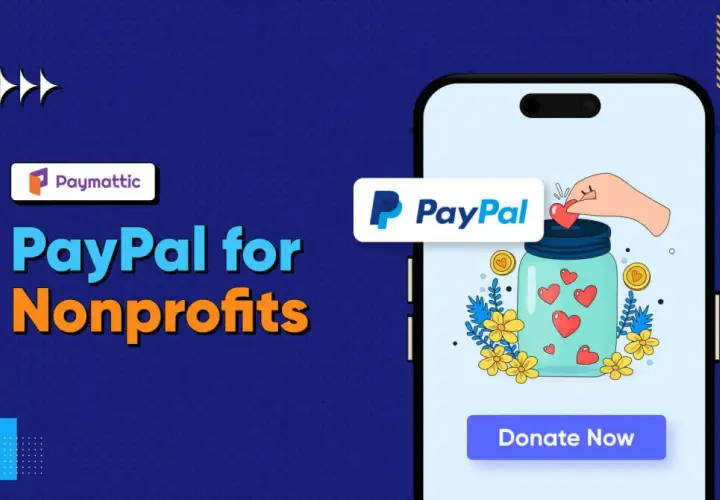 Paymatic presents PayPal for Nonprofits. A hand drops a heart into a donation jar on a phone screen, symbolizing easy giving.