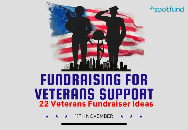 Silhouettes of soldiers salute before an American flag, with city skyline below. "Fundraising for Veterans Support: 22 Veterans Fundraiser Ideas" is displayed.