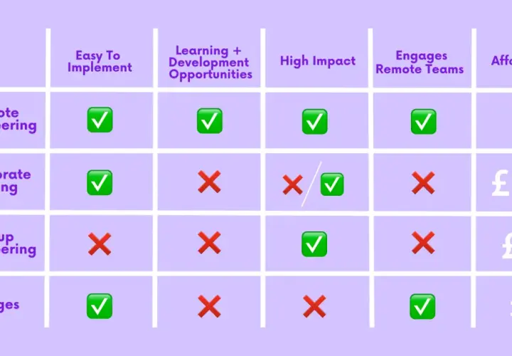 Comparison chart of volunteer options. Remote volunteering excels in all areas, including virtual group volunteer opportunities.