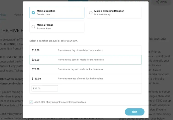 A PayPal donation form for "The Hive Five Challenge" allows users to select donation amounts like $15, $35, $75, or $150 to provide meals for the homeless.