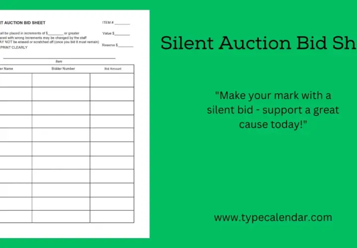 A silent auction bid sheet template with fields for bidder name, number, and bid amount. It encourages participation with the slogan "Make your mark with a silent bid - support a great cause today!
