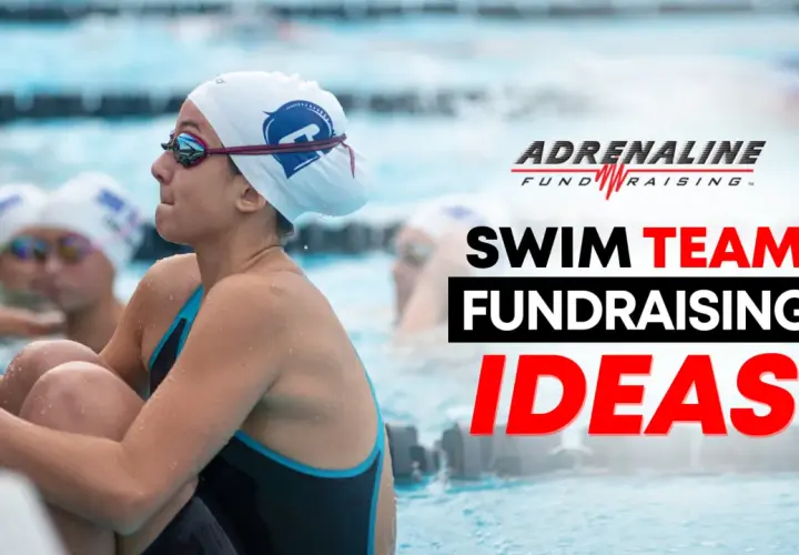 Young swimmers in a pool, ready for action. The image promotes swim team fundraising ideas.