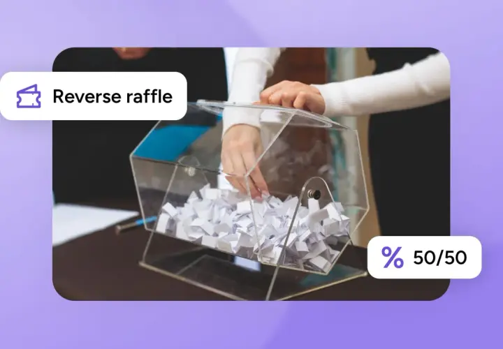 Hands draw slips from a clear box filled with paper, suggesting a raffle game. A "Reverse raffle" label and "50/50" icon are visible.