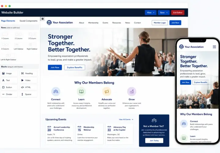 A website builder interface for association website platforms, showing drag-and-drop elements and a preview of a responsive site.