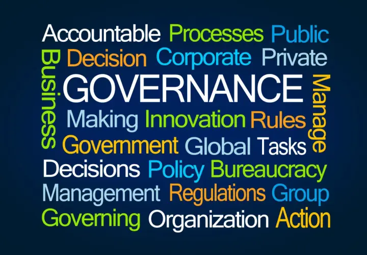 Word cloud illustrating governance team roles and responsibilities, featuring terms like "Accountable," "Decision," "Management," and "Action.
