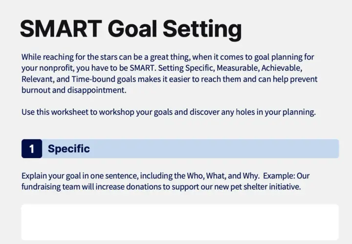 SMART goal setting for nonprofits, with an example of specific fundraising goals for a pet shelter.